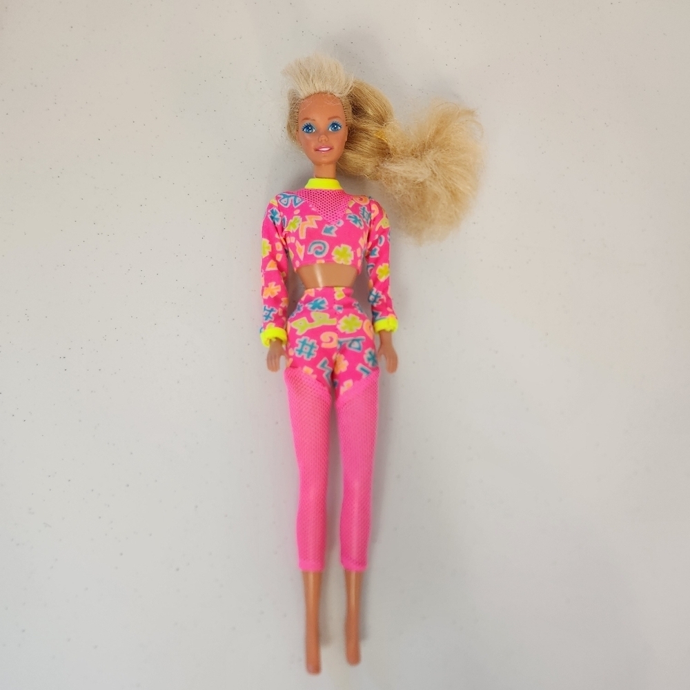 Vintage 1990s Blonde Barbie Doll Wearing Workin Out Outfit Clothes 90s